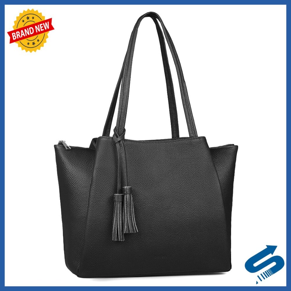Genuine Leather Tote Bag with Laptop Compartment, Multiple Pockets